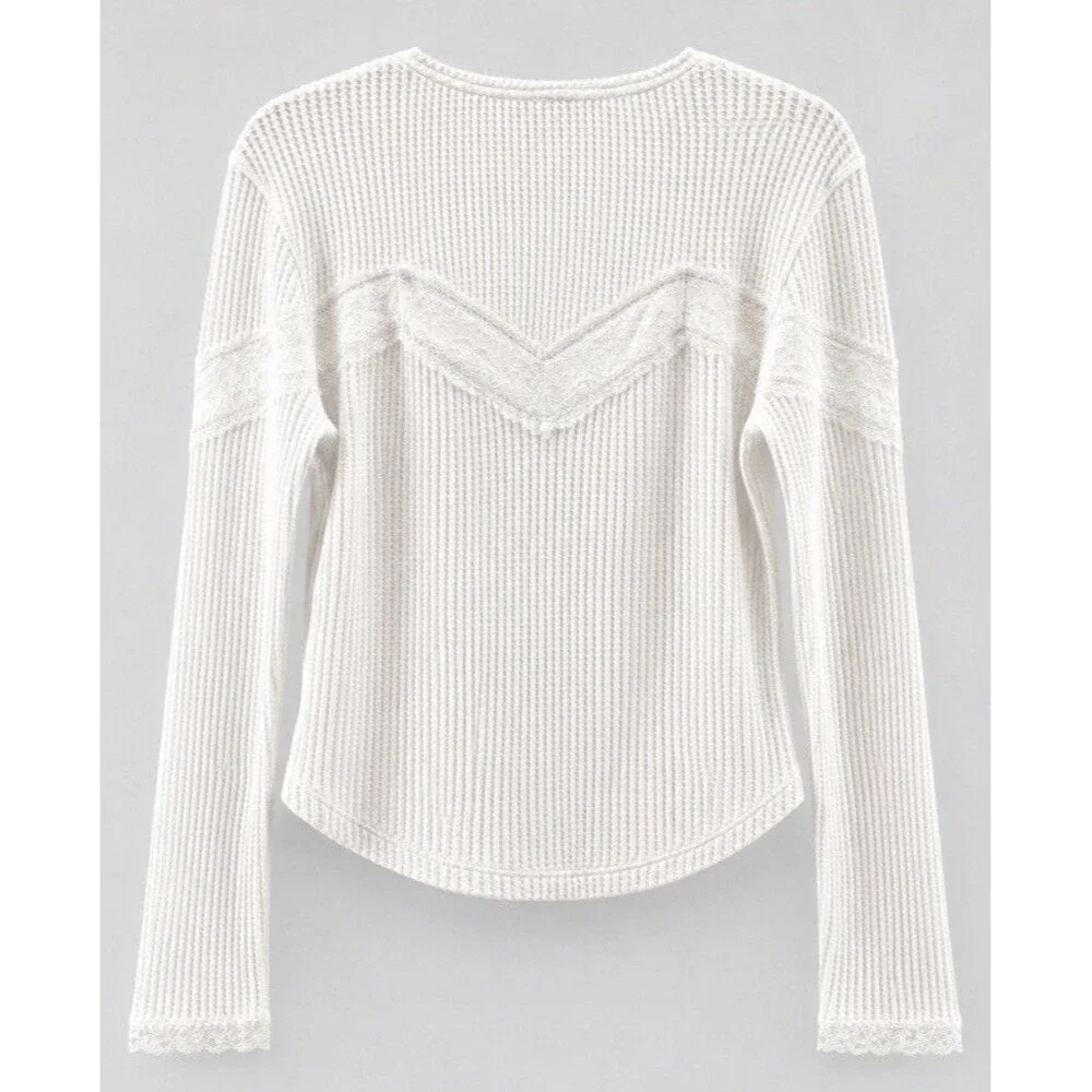 NWT Free People Women’s M Ivory Waffle Knit Lace Button Front Top Boho Coastal